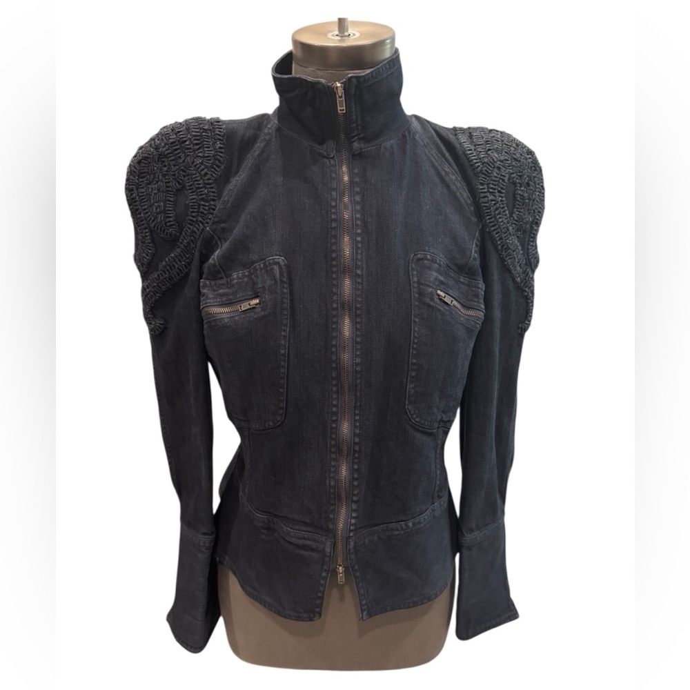 Marchesa Voyage Denim Jacket Fitted Moto Style with Crochet Shoulder Detail L